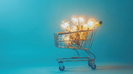 Metal shopping cart filled with various burning light bulbs representing concept of selling and buying business ideas on blue background.