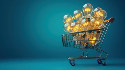 Metal shopping cart filled with various burning light bulbs representing concept of selling and buying business ideas on blue background.