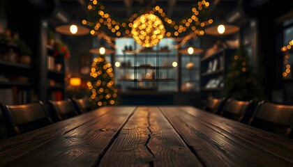 Empty wood table christmas party with a  blurred background of coffee shop, christmas coffee shop, party table background, dark wood, party table background, Generated Ai