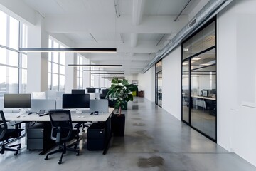 Large windows, workstations, potted plant, minimalist modern office with greenery