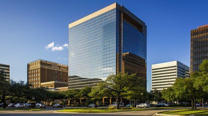Include a modern office building as part of a city skyline, emphasizing its height and architectural style.