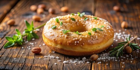 A freshly baked donut with a sugar glaze and fresh herbs on a rustic wooden table