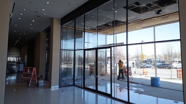 Storefront glass installation for a retail store, with large glass panes being fitted.