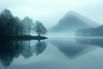 Misty Lake with Silhouetted Trees and Mountain in the Distance