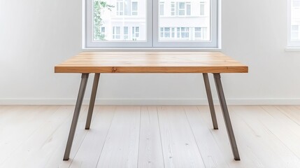 Industrial wooden desk in a creative studio, metal legs, natural light filtering through large windows, artistic workspace with warm wood tones, airy and inspiring setting