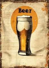 Glass of beer, stylization of retro poster for beer on old paper texture. Stylized illustration of retro poster for beer on old paper texture. Old magazine style. . Poster, card, postcard, label.