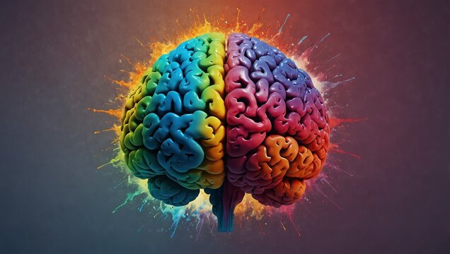 Rainbow human brain explosion, cognitive overload, creative inspiration, world mental health day, psychology and neurology concept