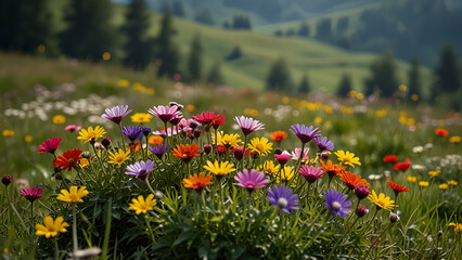 Blooming mountain meadow adorned with colorful flowers in a serene alpine setting