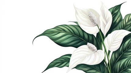 Beautiful white peace lily flowers with lush green leaves on white isolated background.