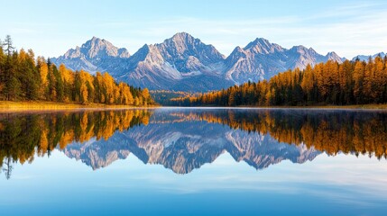 Fototapeta premium Serene lake at sunset with perfectly still waters reflecting the surrounding mountains and trees, bathed in golden light, creating a scene of utter tranquility
