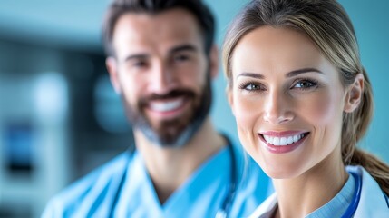 Healthcare professionals smiling in a modern hospital setting during a team discussion about patient care
