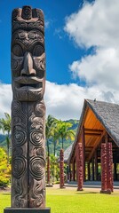 Discover a Mori cultural site with carved poles and traditional structures in nature
