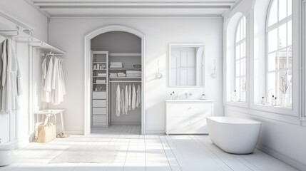Minimalist white scandinavian bathroom with walk-in closet, classic scandinavian interior design, 3d illustration
