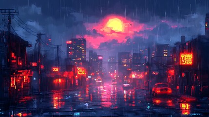 Fototapeta premium A digital painting of a rainy city street at night with neon signs and a red sun in the sky.