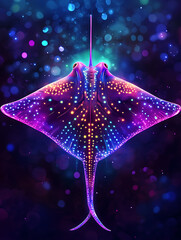 A vibrant, humorous vector art of a stingray in neon lights, illuminated in vivid colors, creating a playful and lively underwater atmosphere with bold, glowing effects