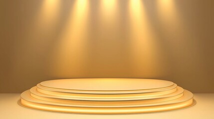 Obraz premium A golden circular platform with three steps illuminated by spotlights.