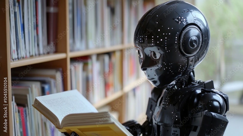 Aufkleber A robot is reading a book in a library