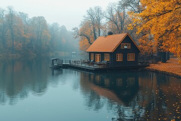 Obraz premium A Black Cabin on a Wooden Dock Over a Misty Lake in Autumn