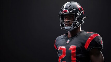 American football player in helmet standing against black