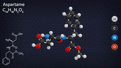 Molecule: Aspartame. Artificial sweetener. Molecular structure. Formula: C14H18N2O5. Chemical model: Ball and stick. Dark background. 3D illustration.