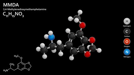 Molecule: MMDA or 5-methoxy-3,4-methylenedioxyamphetamine. Drug. Molecular structure. Formula: C11H15NO3. Chemical model: Ball and stick. Black background. 3D illustration.