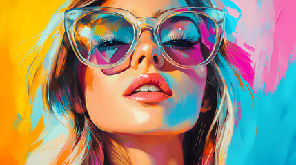Contemporary pop art portrait of young woman in sun glasses in modern bright colors paint. abstract wallpaper artwork. Pop Art Portrait. Illustration