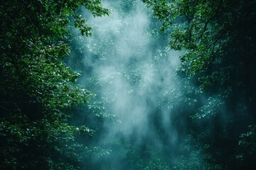 Sunlight Streaming Through Foggy Forest