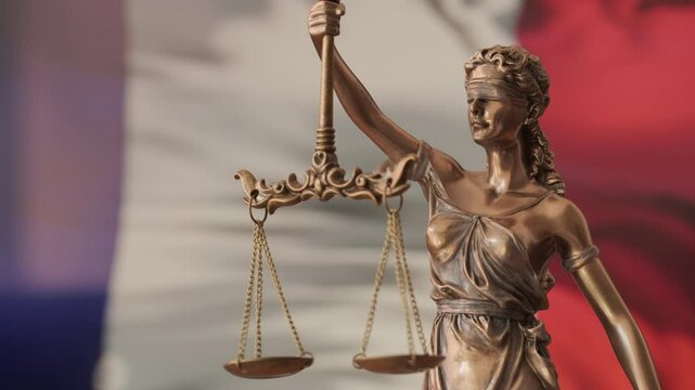 Lady Justice statue with French flag as background. France Law and justice concept. Legal system.
