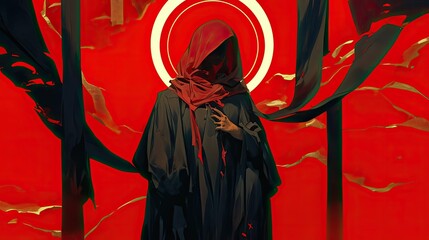 A Figure Cloaked in Black and Red, Standing in a Red and Yellow Abstract Space