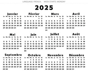 2025 french calendar - calendrier. Editable vector illustration for France bolt font. 12 months year