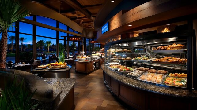 A restaurant buffet with various food items arranged in a display case.