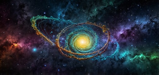 Science background showcasing a seamless blend of elements from various scientific fields. The design features swirling galaxies, DNA double helixes, and intricate molecular structures