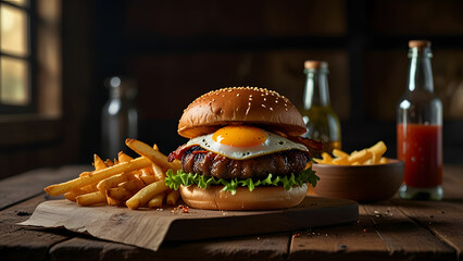 A burger accompanied by fries, presented on a rustic wooden surface.