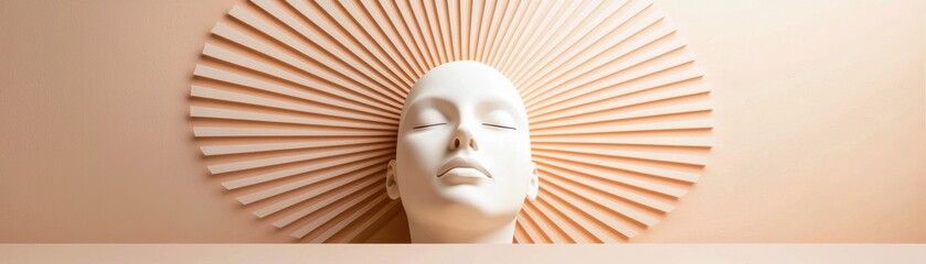 A serene mannequin head is framed by sunburst rays, creating a modern and artistic aesthetic with soft tones.