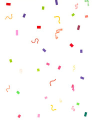 Vibrant colored confetti with serpentine patterns on a pure white background.