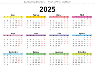 Spanish 2025 year annual calendar. Printable and editable vector illustration Spain