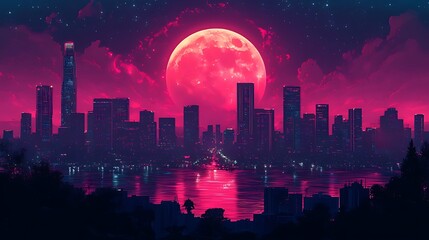 Fototapeta premium A vibrant red moon shines over a cityscape, casting a crimson glow across the buildings and water.