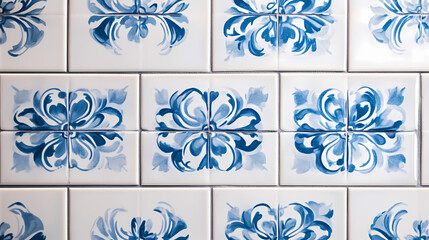 Close-up of blue and white mosaic tile wall, showing blue and white tiles on both sides. Mosaic Tiles. Illustration