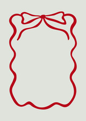 Wavy frame with red bow. Vector flat illustration in retro coquette aesthetic. Greeting card template with hand drawn ribbon