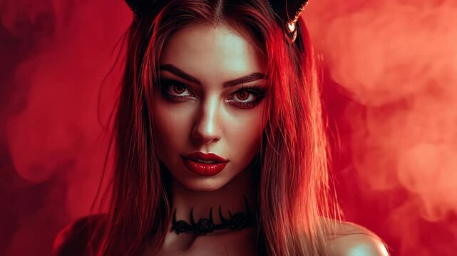 Portrait of a beautiful woman dressed as a sexy devil for halloween wearing red with devil horns Video