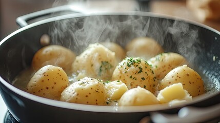 Steaming Potatoes in a Skillet with Fresh Herbs