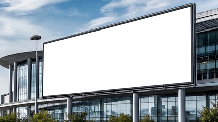 Obraz premium Blank digital signage on a glass and steel corporate building The digital signage is installed on a corporate office building, made of glass and steel, with sharp architectural lines.
