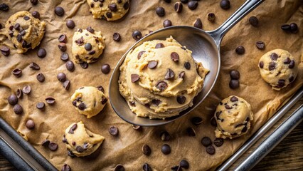 A metal spoon scoops out a generous portion of chocolate chip cookie dough from a bowl, ready to be placed onto a baking sheet lined with parchment paper, surrounded by scattered chocolate chips.