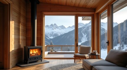 Fototapeta premium Cozy Wooden Cabin with Freestanding Vintage Fireplace and Panoramic View of Snowy Alps