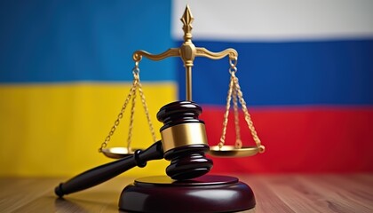 Ukrainian flag on the left and Russian flag on the right lying on table, in the middle above is hat with U.S. flag, gavel lying on table and justice scale