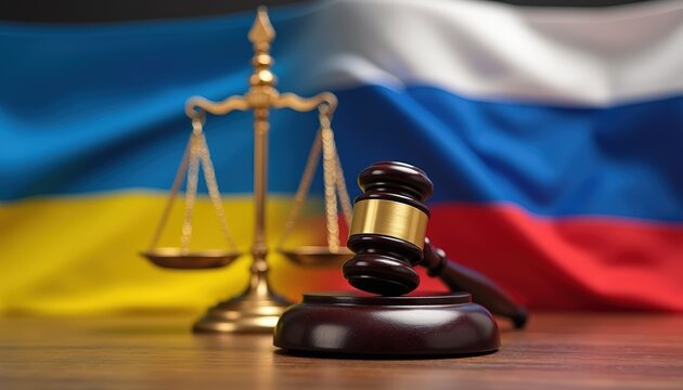 Ukrainian flag on the left and Russian flag on the right lying on table, in the middle above is hat with U.S. flag, gavel lying on table and justice scale