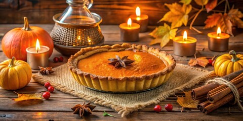 Obraz premium A rustic autumnal table setting featuring a freshly baked pumpkin pie, surrounded by miniature pumpkins, cinnamon sticks, and flickering candles, all resting on a burlap tablecloth.