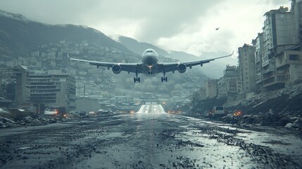 A large passenger airplane lands on a runway surrounded by damaged buildings and a flooded road in a dystopian city.