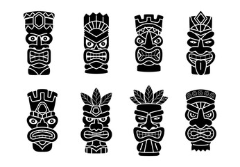 Set of vector illustrations of Tiki masks, silhouettes in black.
