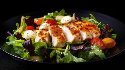 Grilled Chicken Salad on Elegant Black Plate